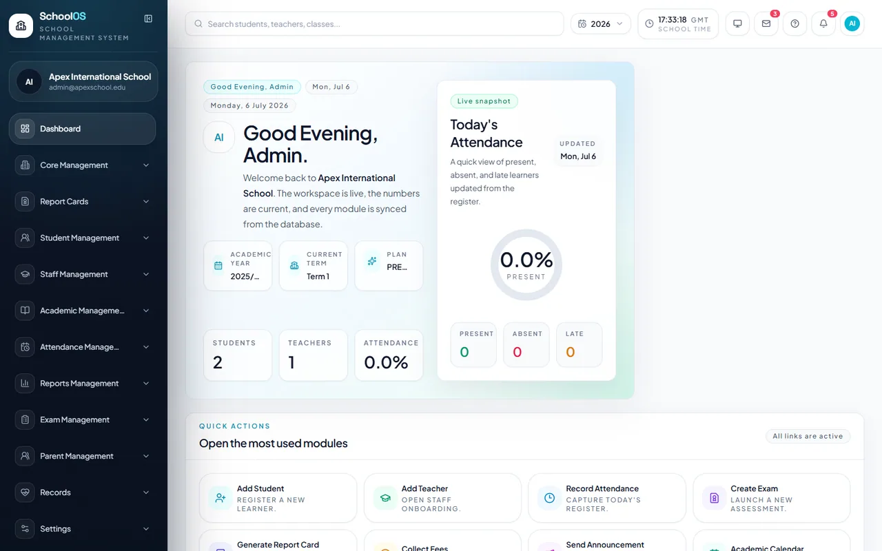 SchoolOSCloud finance and fee collection dashboard